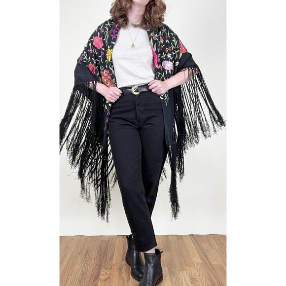 Vintage Accessories - Vintage Piano Shawl Embroidered Floral Silk Fringe Witchy Boho Bohemian Manila